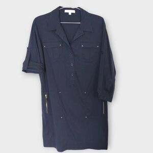 Ellen Tracy Shirt Dress Sz 14 Navy Tab Sleeves Gold Metal Button Front Lagenlook